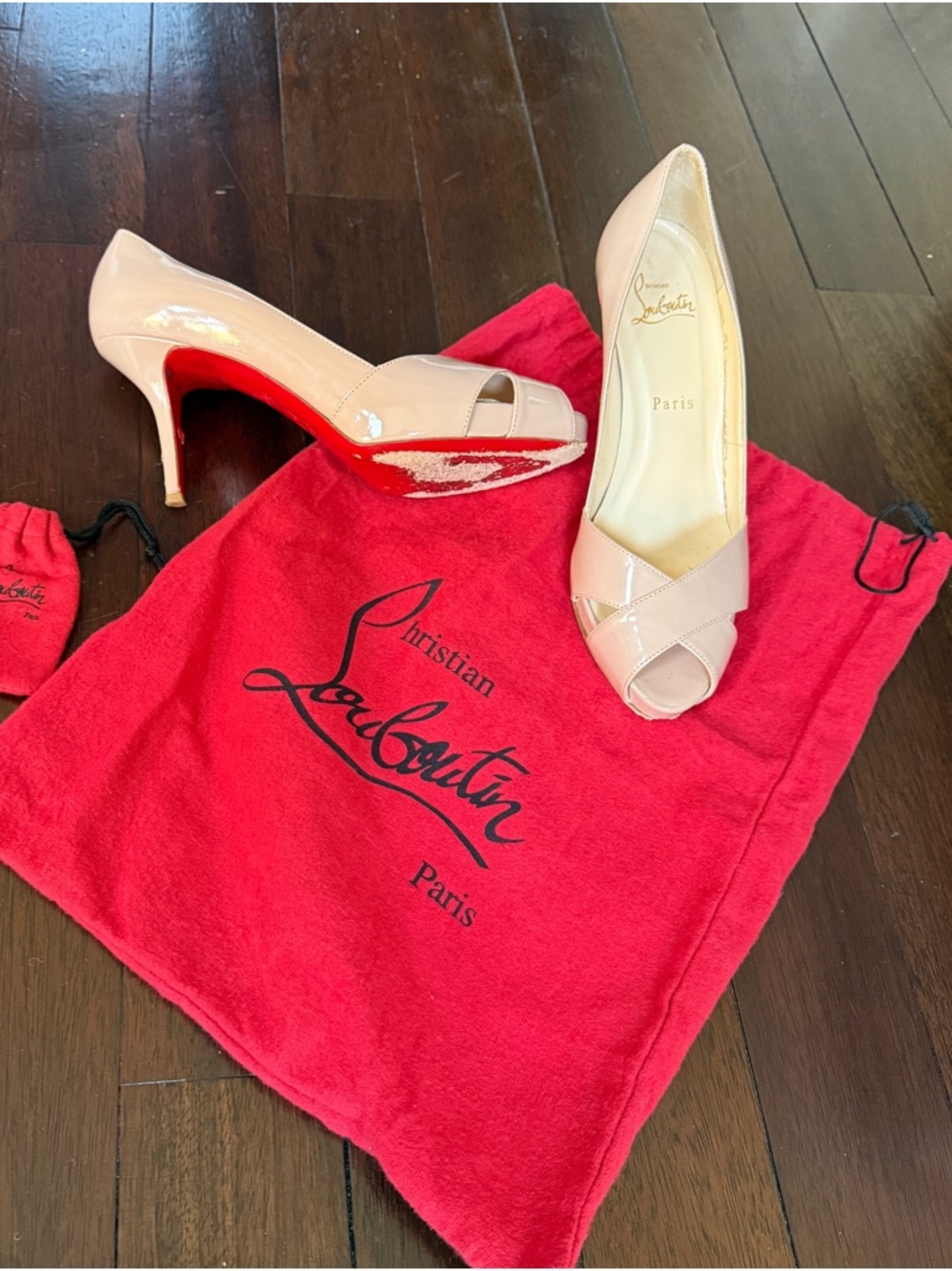 Christian Louboutin Blush Patent Peep-Toe Pumps with Red Soles